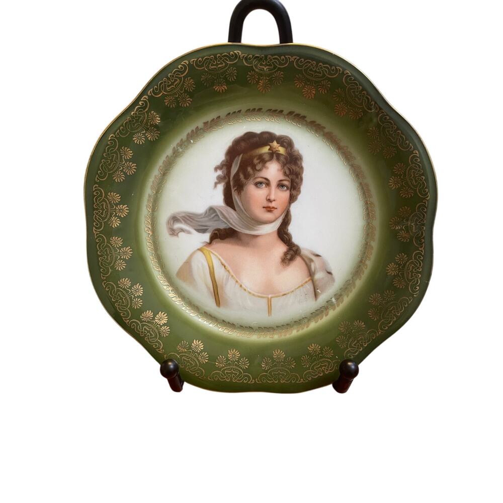 Antique Silesia Bavaria Portrait Plate 9” Green Gold Woman No. 5055